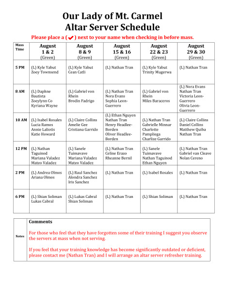 Altar Server Schedule - August 2026