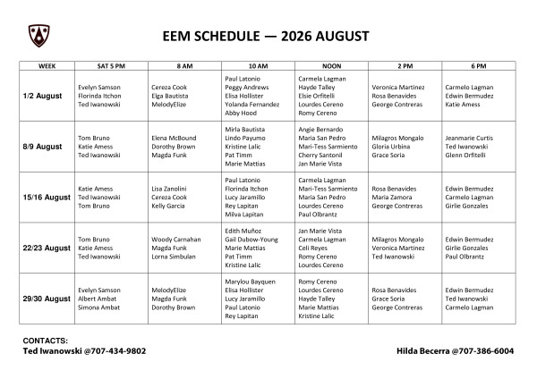August 2026 Eucharistic Ministry Schedule