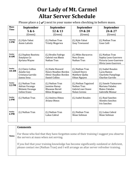 September 2026 - Altar Server Schedule