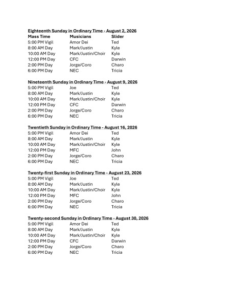 Music Min. Schedule for Aug.-Sept. 2026